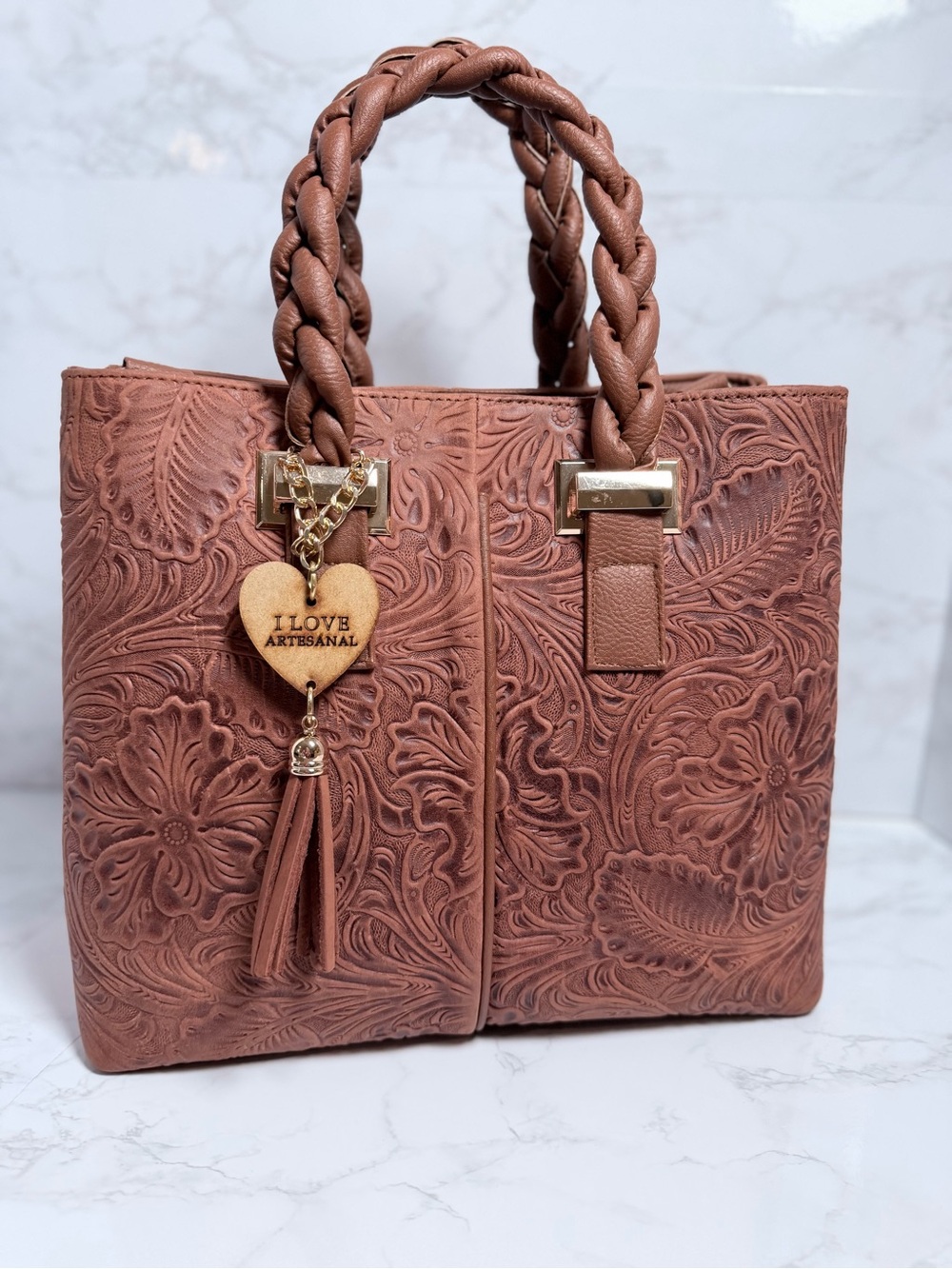 Brown Floral Embossed Leather Tote Handbag